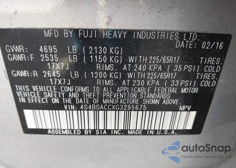 2016 Subaru Outback 2.5I Premium z USA, uszkodzony, nr VIN 4S4BSACCXG3295675